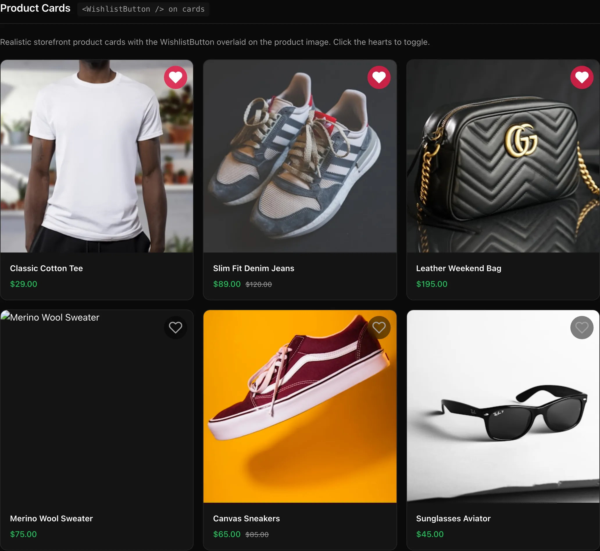 WishlistButton overlaid on product cards with heart icons